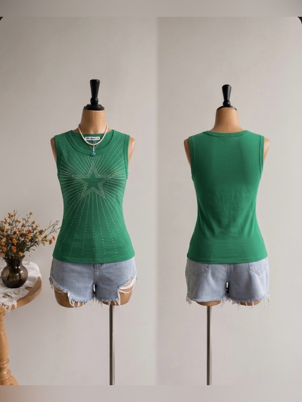 Green Star Studded Sleeveless Tank Top - Unbranded